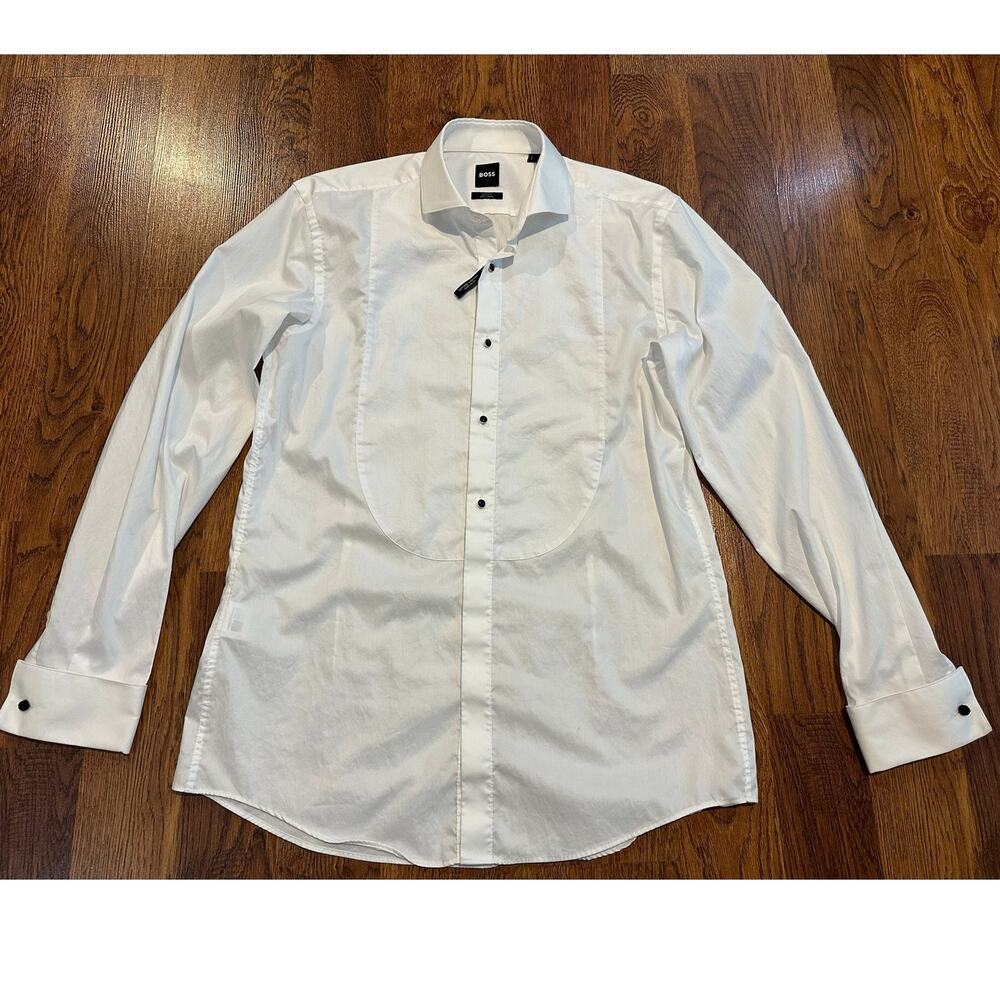 BOSS Slim Fit Tuxedo Shirt Men’s 16 (41) White Black Buttons Easy Iron Cotton